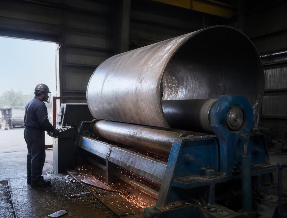Steel plate being rolled in the Smith Industries fabrication bay