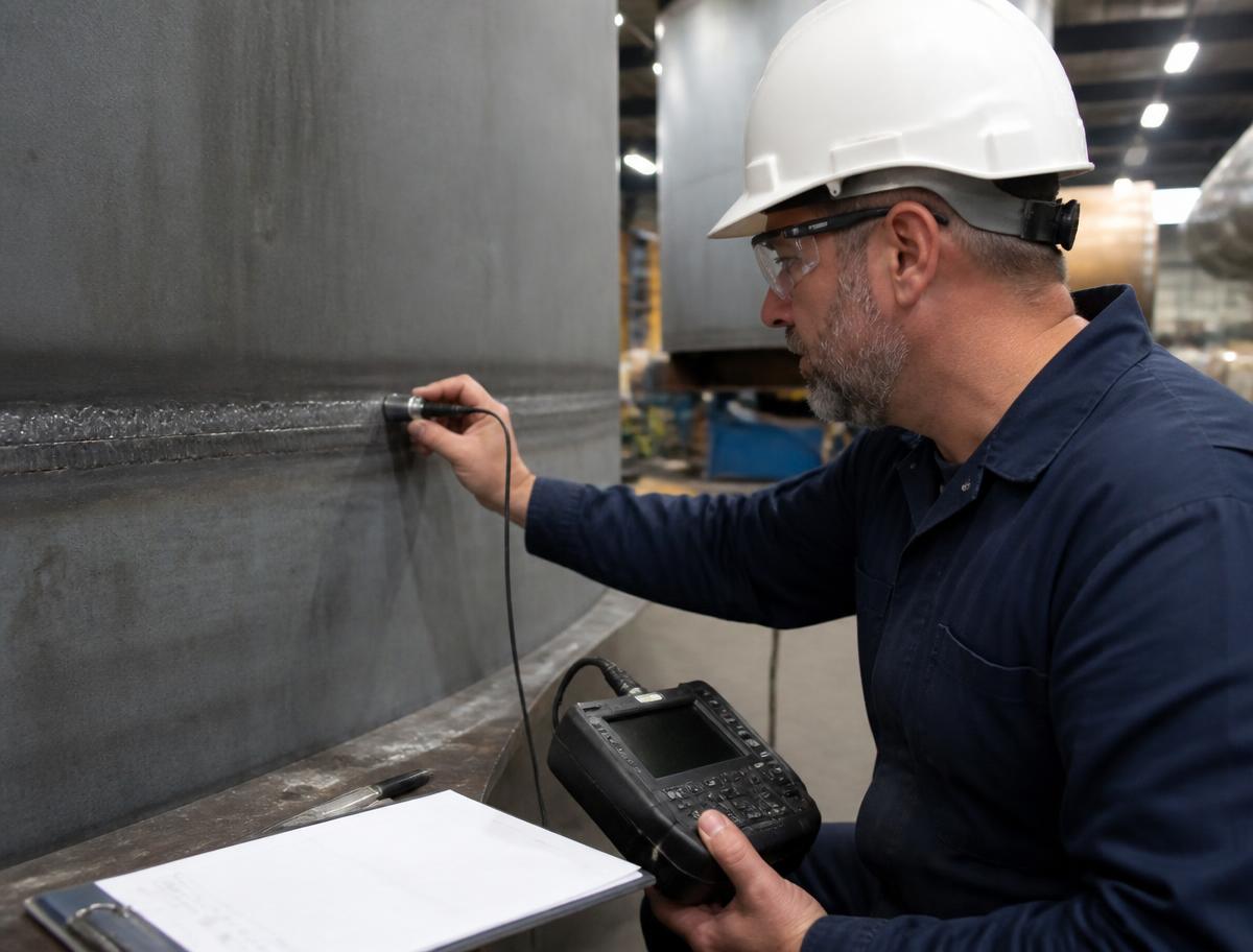 Inspector checking weld quality on a fabricated vessel