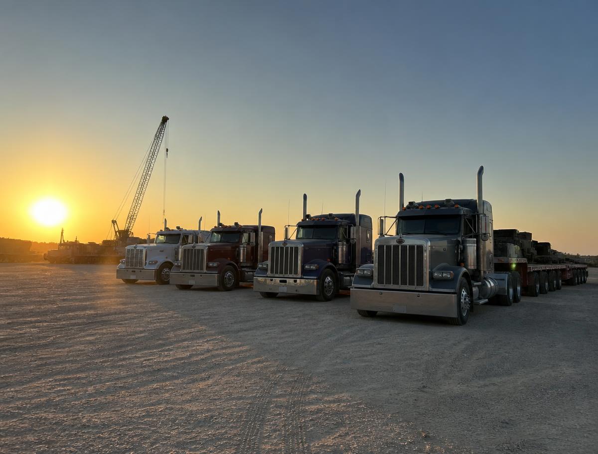 Smith Industries delivery trucks staged at the fabrication yard