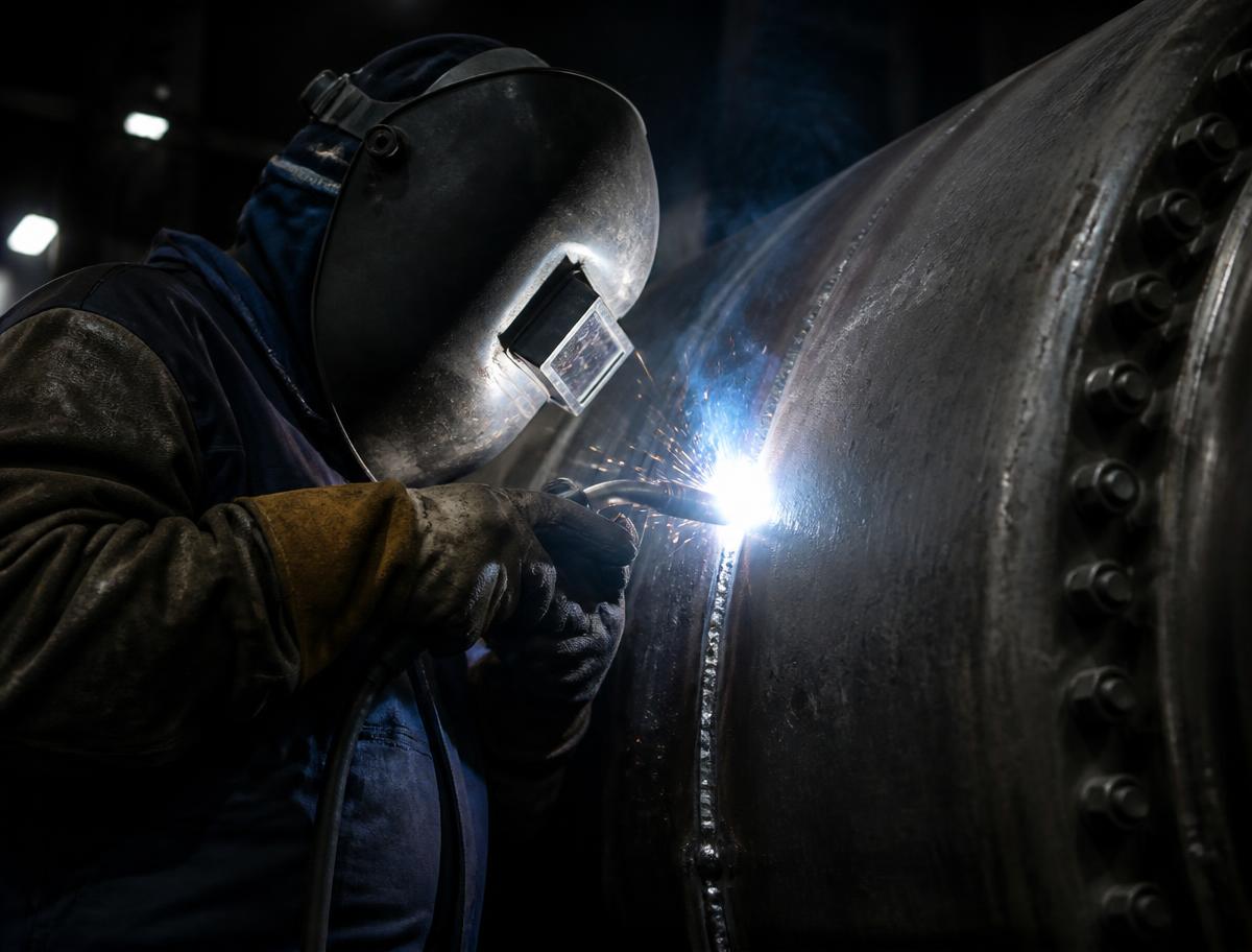 Welder joining a heavy steel seam on a fabricated vessel